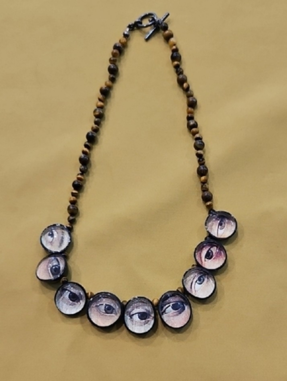 Hand-Painted "Eye" Pendant Necklace Accented w/ Tiger's Eye Beads - Fun & Funky!